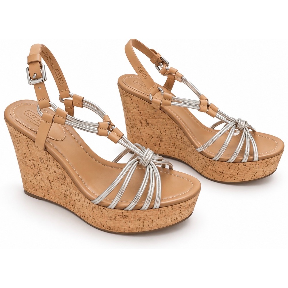 Coach Georgiana Wedge Sandals Tan Leather Silver Metallic Cork Platform 6.5B - Picture 2 of 6